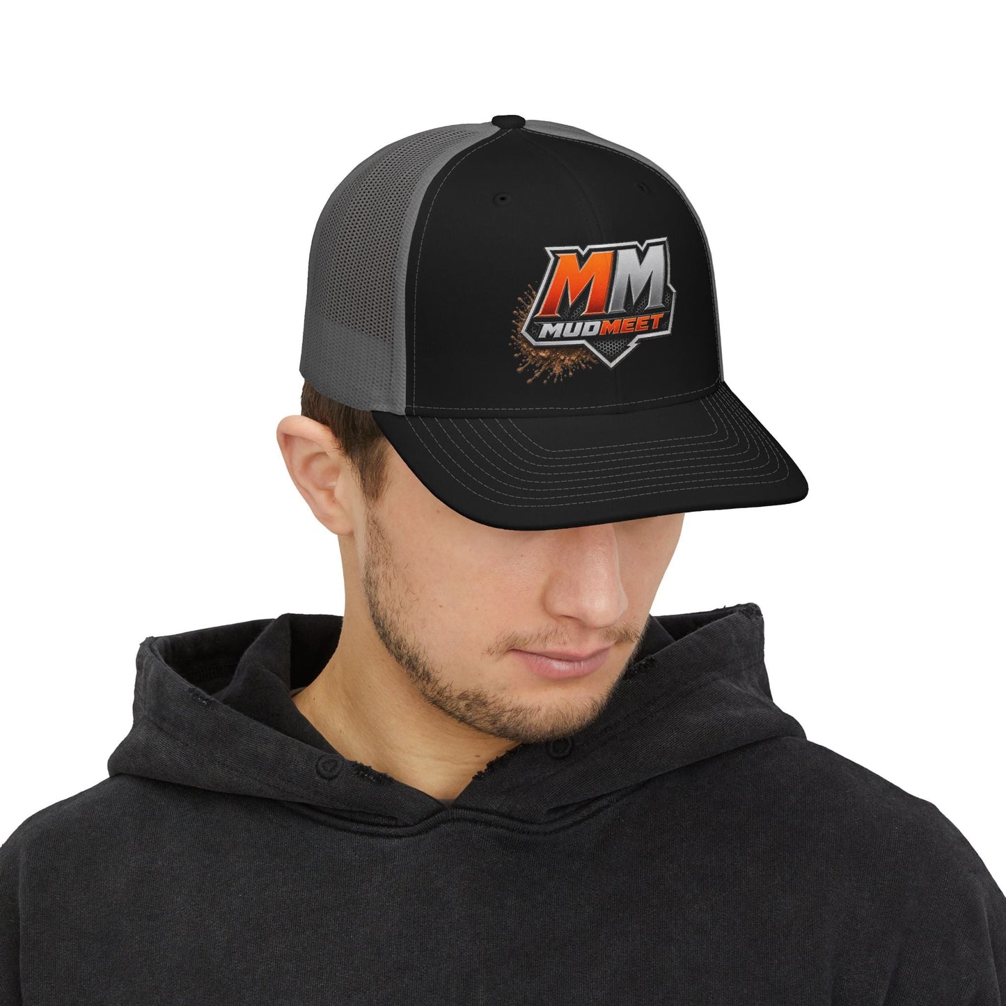 MudMeet Logo Snapback Trucker Hat — Mesh Back Racing Cap