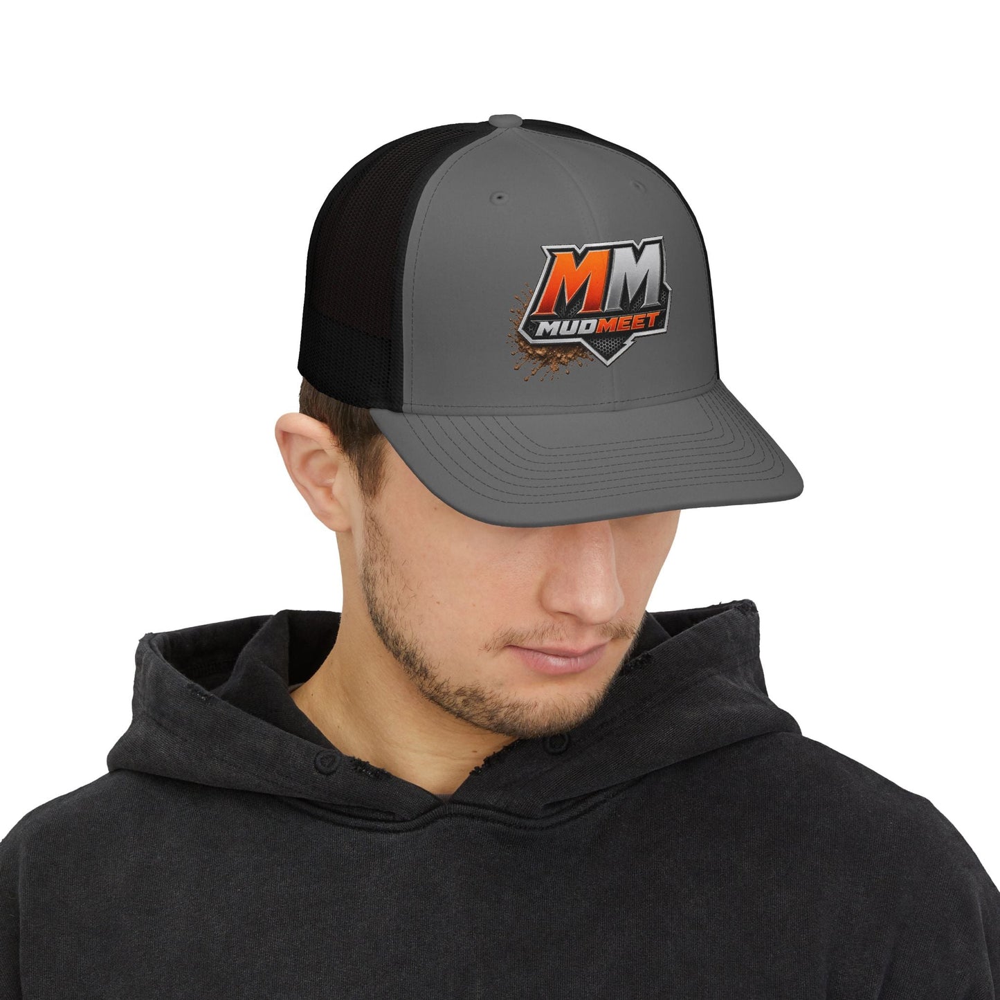 MudMeet Logo Snapback Trucker Hat — Mesh Back Racing Cap